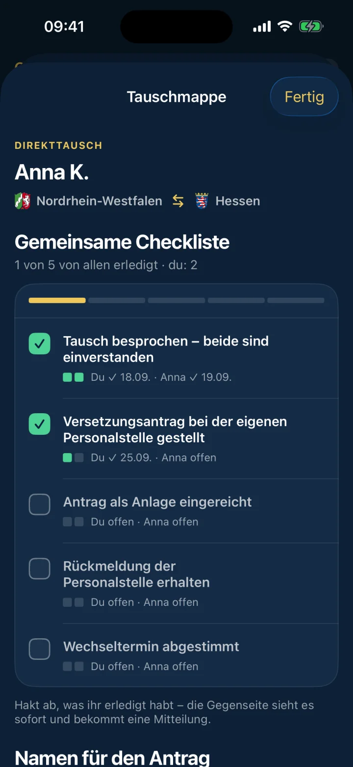 Gemeinsame Tauschmappe mit Checkliste